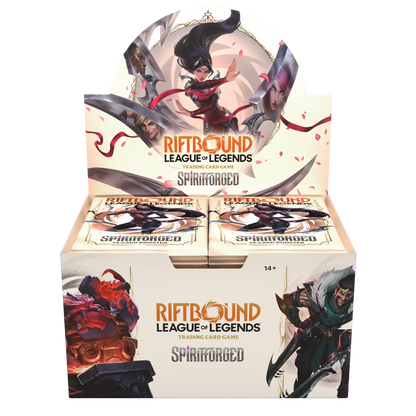 Riftbound League of Legends Spiritforged English booster box display with the set's cover art