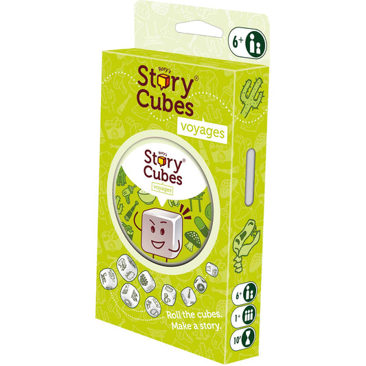 Rory's Story Cubes Voyages storytelling dice set in eco blister packaging shown front-on