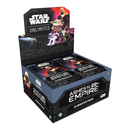 Star Wars Unlimited Ashes of the Empire booster box holding 24 sealed packs with character cover art