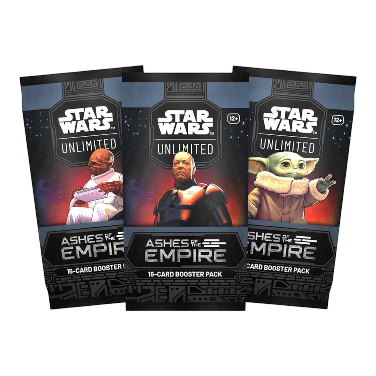 Star Wars Unlimited Ashes of the Empire booster packs with character artwork on dark sealed wrappers