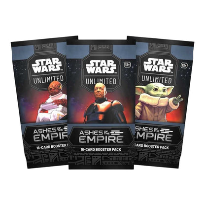 Star Wars Unlimited Ashes of the Empire booster packs with character artwork on dark sealed wrappers