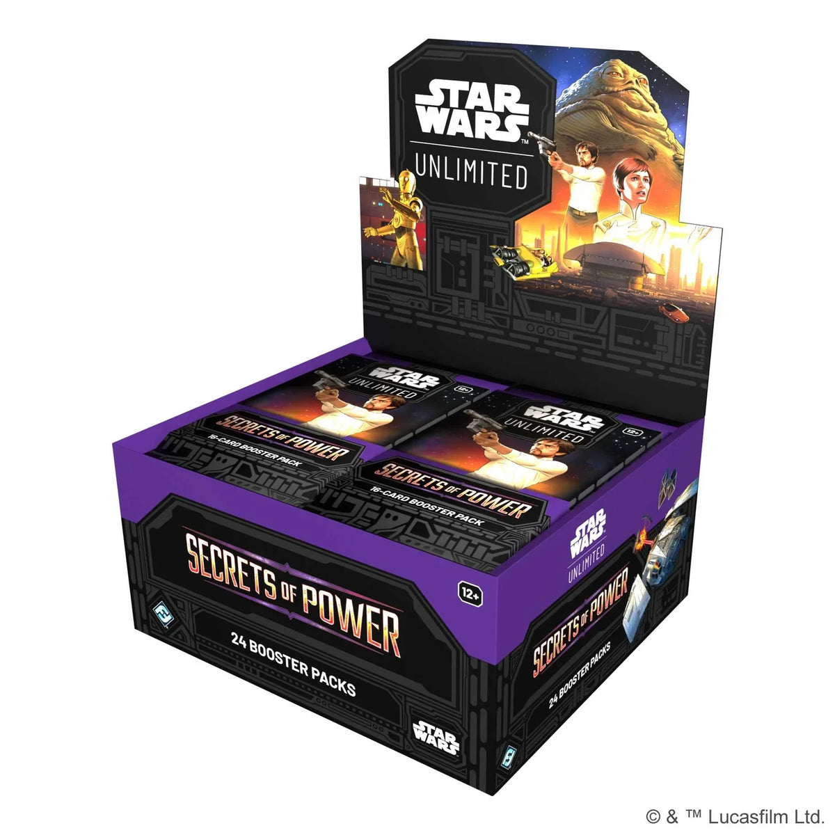 Star Wars Unlimited Secrets of Power booster box, a sealed trading card display, pictured from an alternate angle