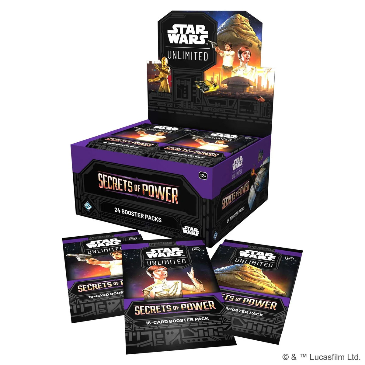 Star Wars Unlimited Secrets of Power booster box, a sealed trading card display, packaging shown in closer detail