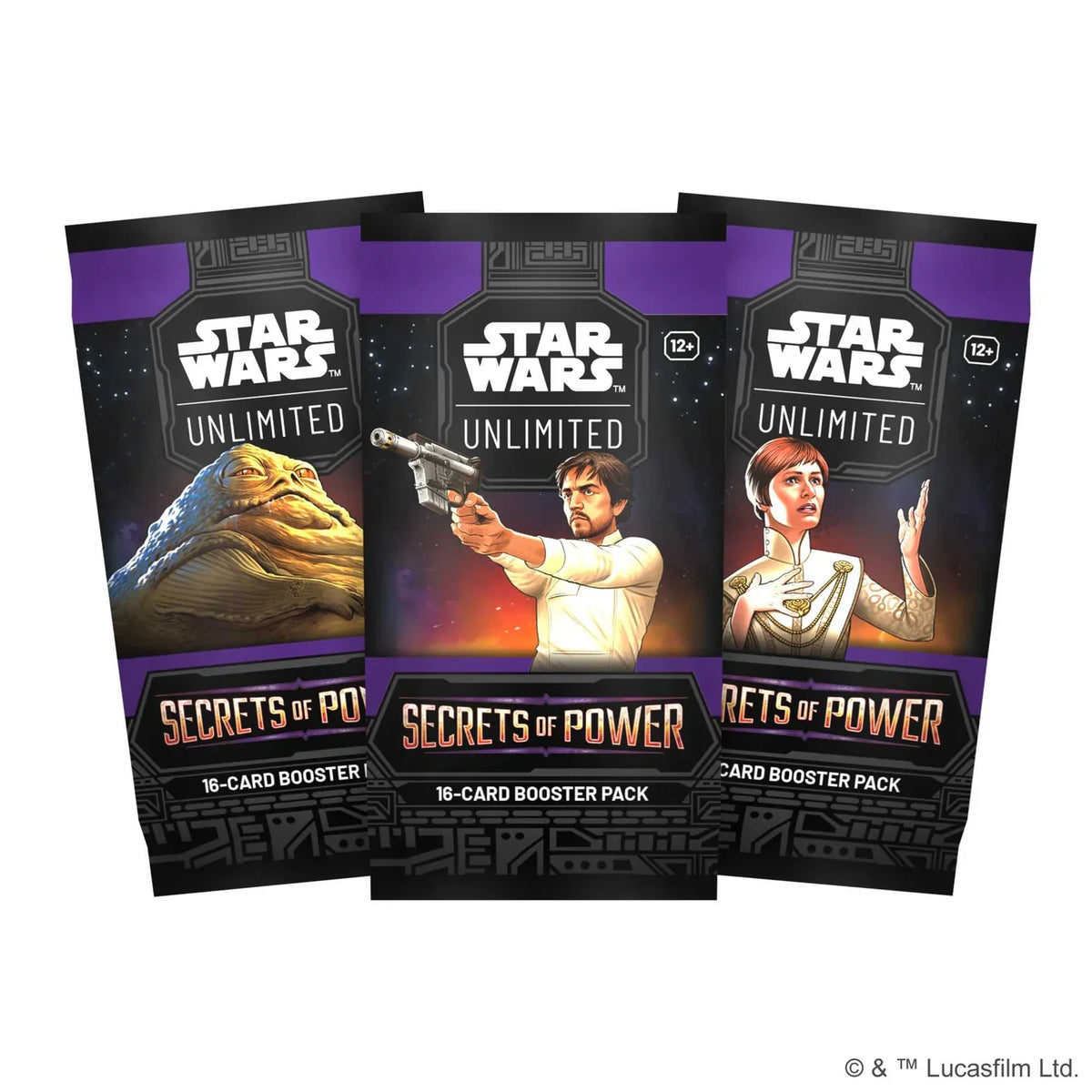 Star Wars Unlimited Secrets of Power booster box, a sealed trading card display, shown from another side