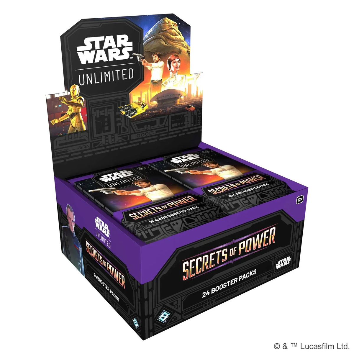 Star Wars Unlimited Secrets of Power booster box, a sealed trading card display, shown front-on