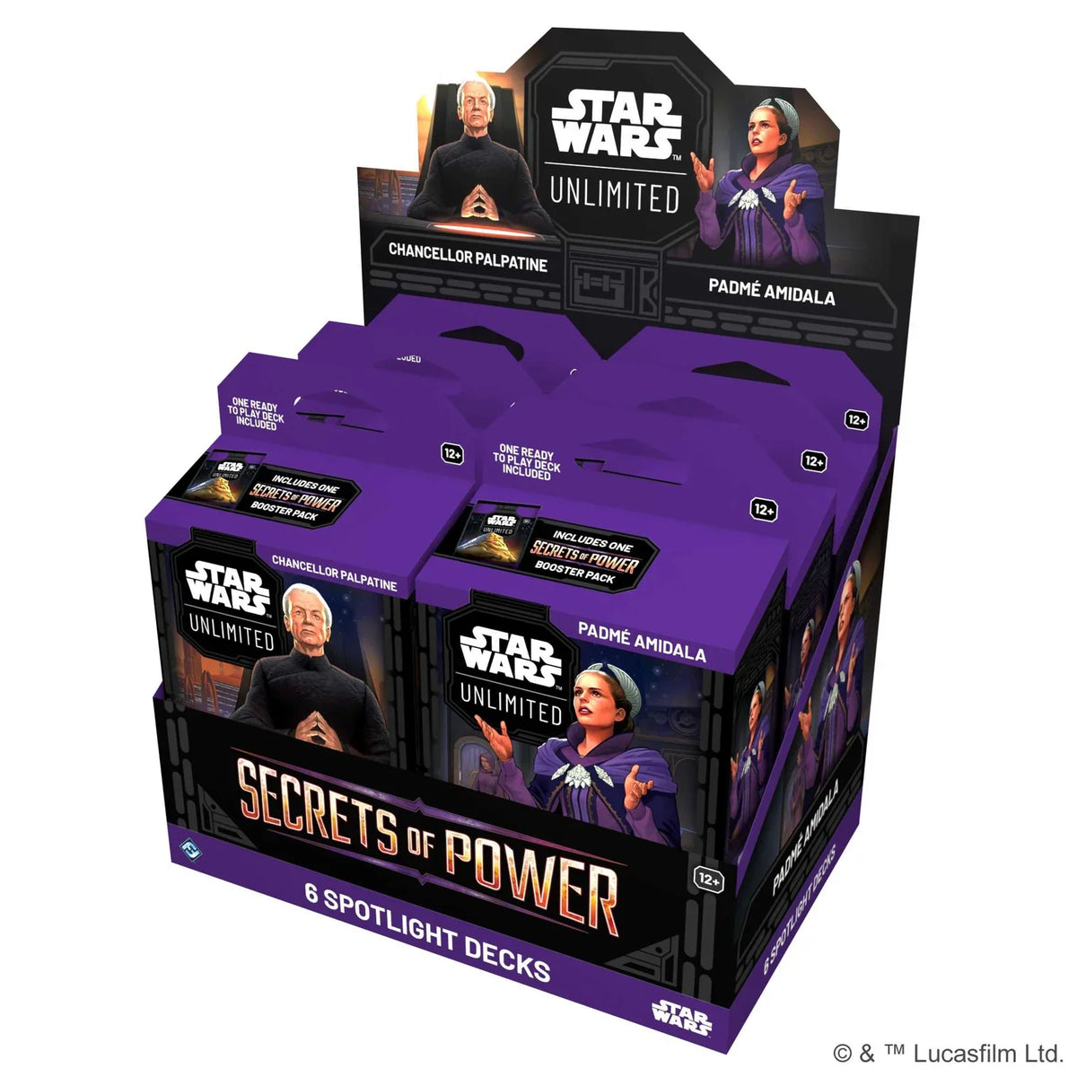 Star Wars Unlimited Secrets of Power Spotlight Deck Display shown front-on with set artwork