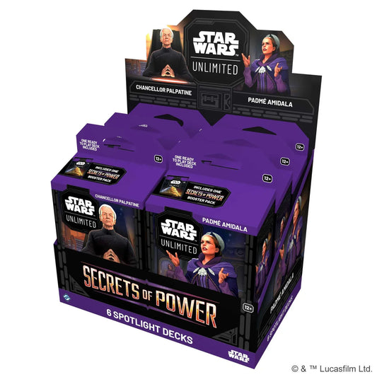 Star Wars Unlimited Secrets of Power Spotlight Deck Display shown front-on with set artwork