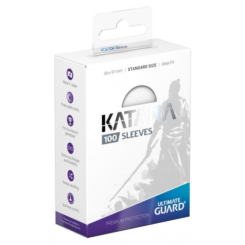 Rear of the Ultimate Guard Katana transparent standard sleeves pack showing product details