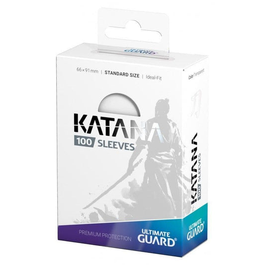 Ultimate Guard Katana standard size sleeves in transparent clear, shown front-on in the pack