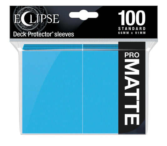 Ultra PRO Eclipse matte standard card sleeves in sky blue, pack of 100 shown front-on