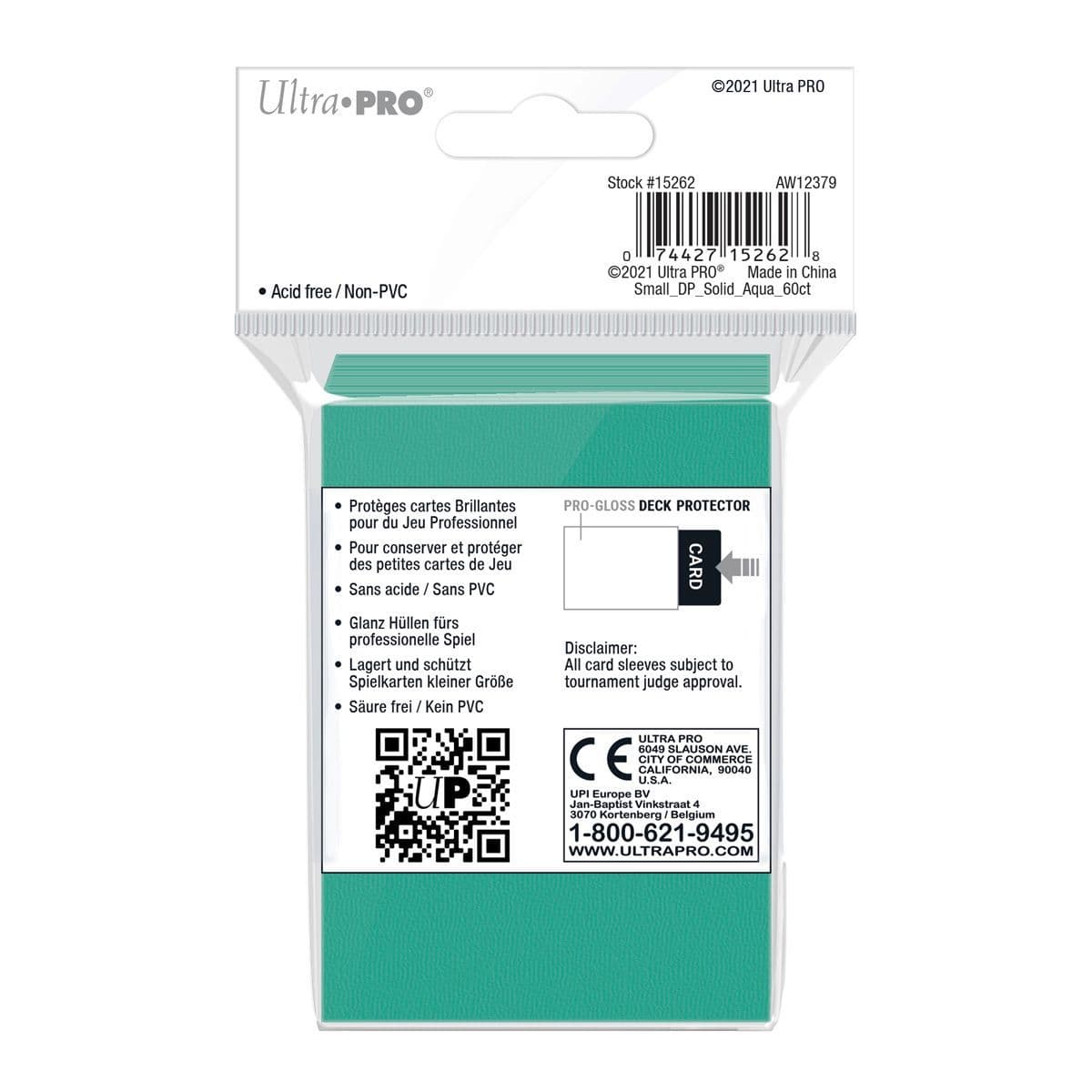 Rear of the Ultra PRO gloss aqua small deck protector sleeves 60 pack showing details