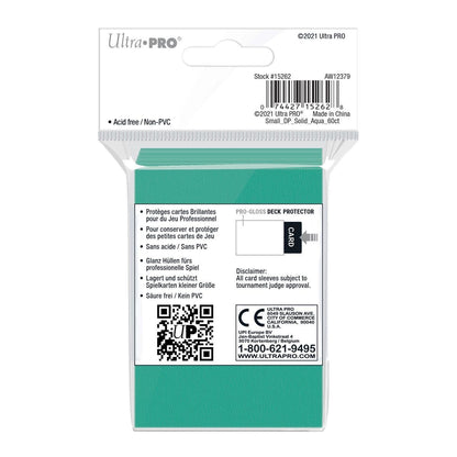 Rear of the Ultra PRO gloss aqua small deck protector sleeves 60 pack showing details