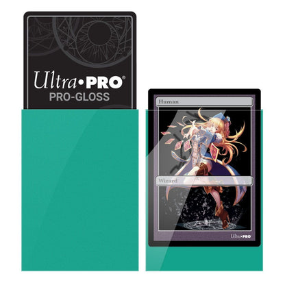 Ultra PRO gloss aqua small sleeves shown with a sleeved small size trading card