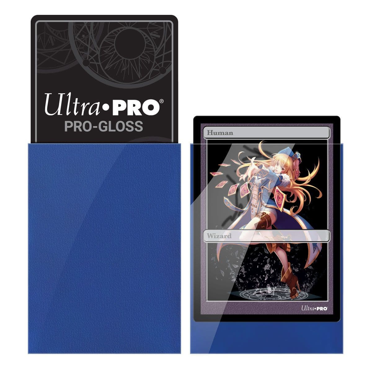 Ultra PRO gloss blue small sleeves shown with the coloured sleeve back