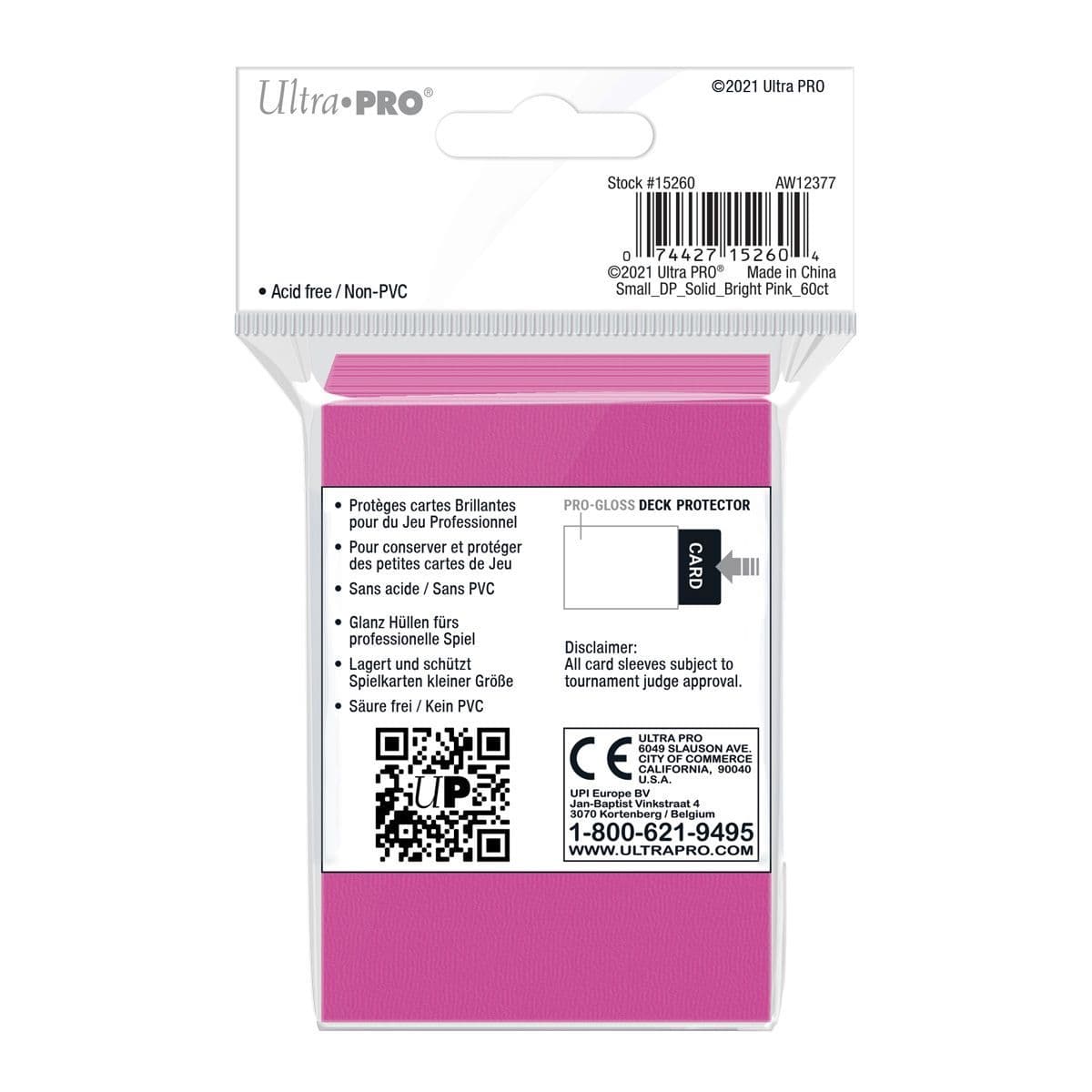 Back of the Ultra PRO bright pink small card sleeves pack with product information