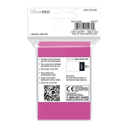 Back of the Ultra PRO bright pink small card sleeves pack with product information