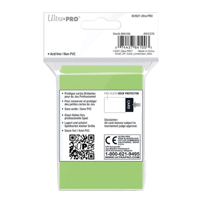 Ultra PRO gloss deck protector sleeves in lime green, small-size trading card sleeves, pictured from an alternate angle