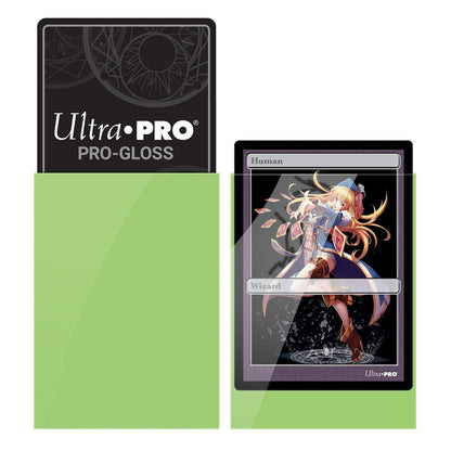 Ultra PRO gloss deck protector sleeves in lime green, small-size trading card sleeves, packaging shown in closer detail