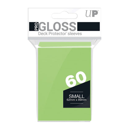 Ultra PRO gloss deck protector sleeves in lime green, small-size trading card sleeves, shown front-on