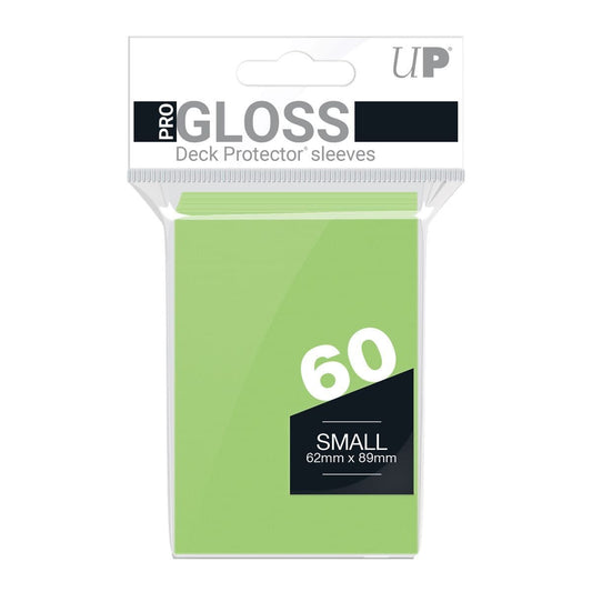 Ultra PRO gloss deck protector sleeves in lime green, small-size trading card sleeves, shown front-on