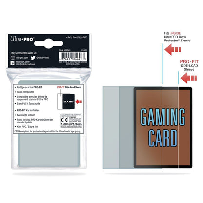 Ultra PRO PRO-FIT sideload sleeves shown protecting a standard-sized trading card