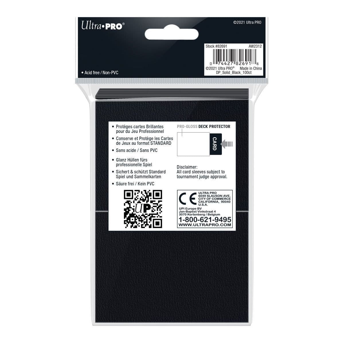 Ultra PRO Pro-Gloss standard deck protector sleeves in black, pack of 100 shown from an alternate angle