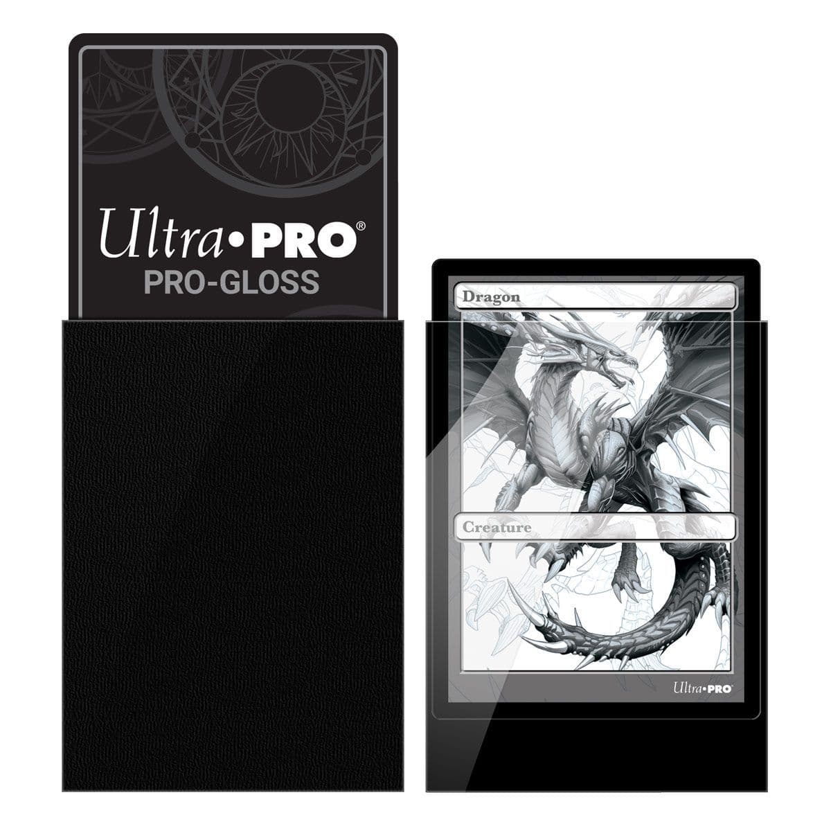 Ultra PRO Pro-Gloss standard deck protector sleeves in black, pack of 100 close-up packaging detail