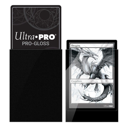 Ultra PRO Pro-Gloss standard deck protector sleeves in black, pack of 100 close-up packaging detail