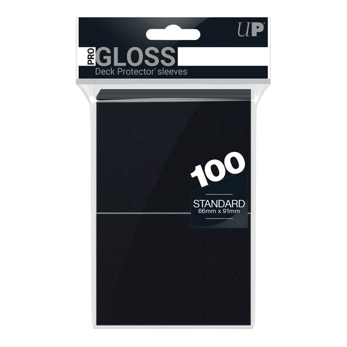 Ultra PRO Pro-Gloss standard deck protector sleeves in black, pack of 100 shown front-on