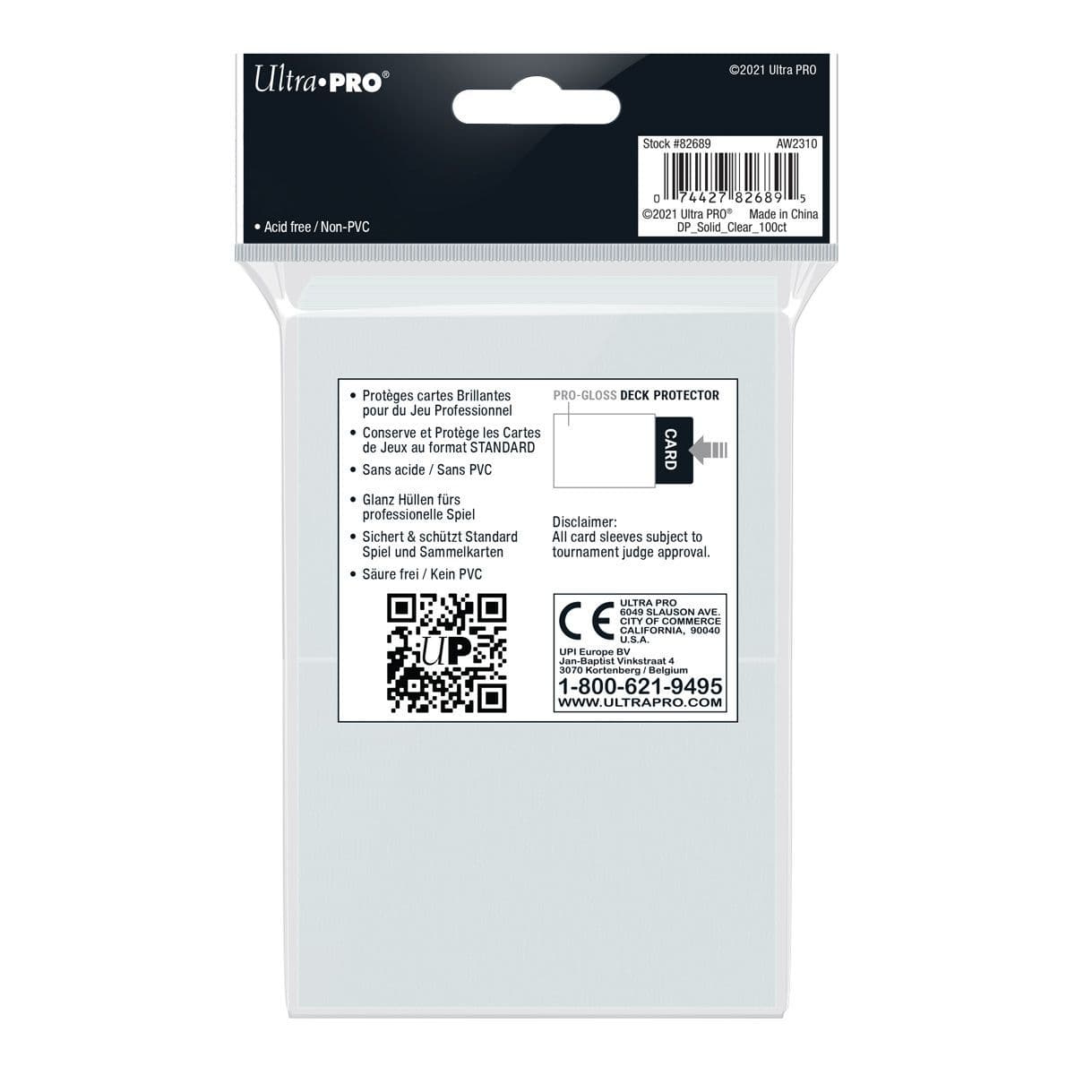 Back of the Ultra PRO Pro-Gloss clear deck protectors pack with product information