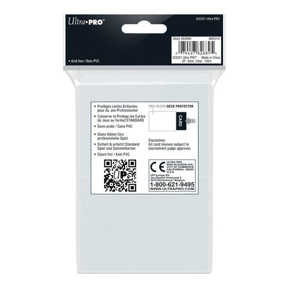 Back of the Ultra PRO Pro-Gloss clear deck protectors pack with product information