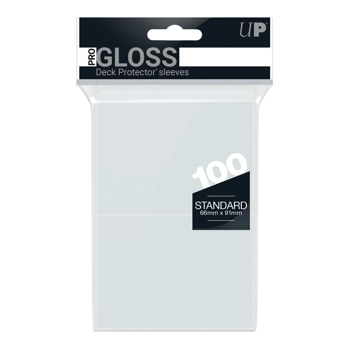 Ultra PRO Pro-Gloss standard deck protectors in clear, 100-count pack shown front-on