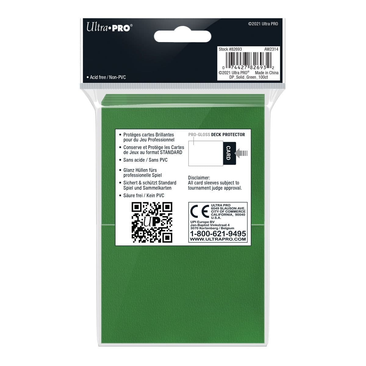 Green Ultra PRO Pro-Gloss deck protector sleeves shown from an alternate angle