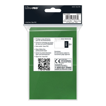 Green Ultra PRO Pro-Gloss deck protector sleeves shown from an alternate angle