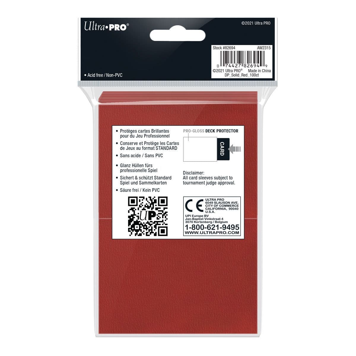 Rear of the Ultra PRO Pro-Gloss red deck protectors 100 pack showing product details