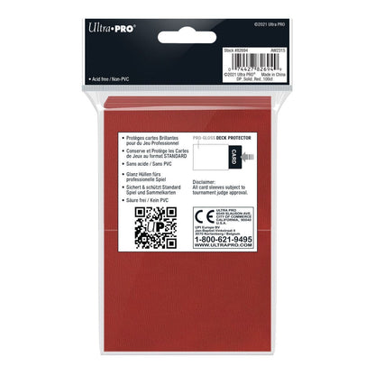 Rear of the Ultra PRO Pro-Gloss red deck protectors 100 pack showing product details