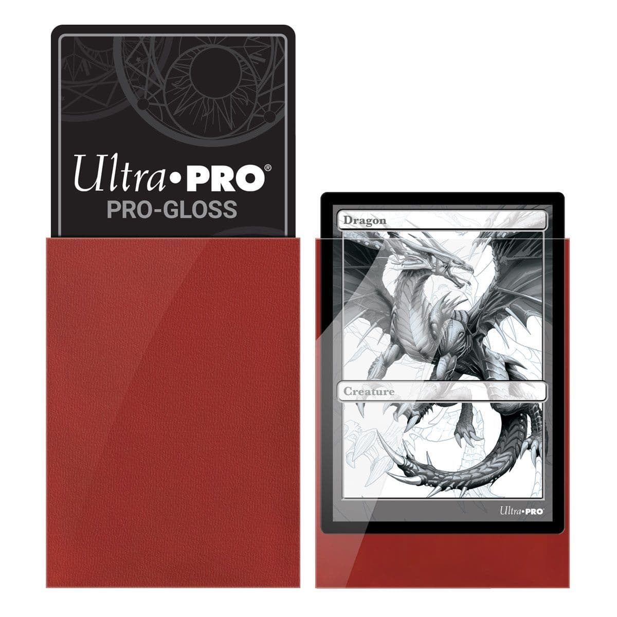 Ultra PRO Pro-Gloss red deck protector sleeves shown with a sleeved trading card