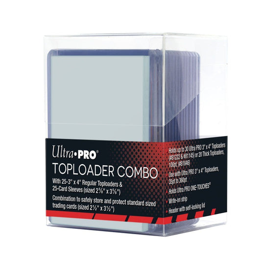 Ultra PRO toploader combo box with clear storage box and toploaders, in packaging