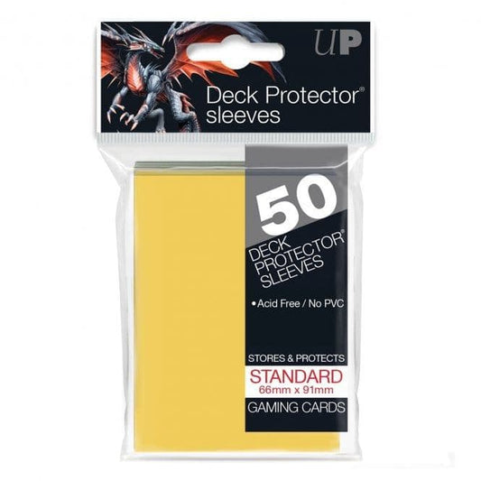 Ultra PRO yellow standard deck protector sleeves, 50-count pack shown front-on