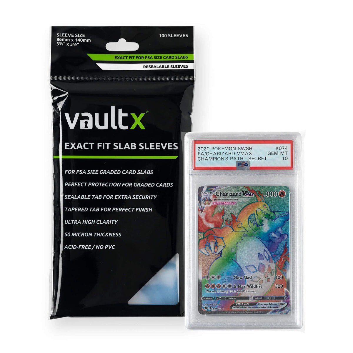 Vault X Exact Fit sleeves for PSA graded card slabs, clear protective sleeves, shown front-on